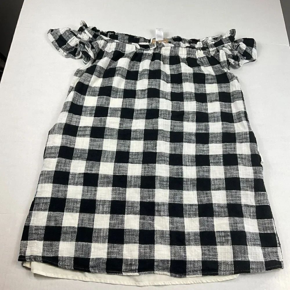 Anthropologie Corey Lynn Carter Linen Blend Dress Plaid Off The Shoulder MEDIUM